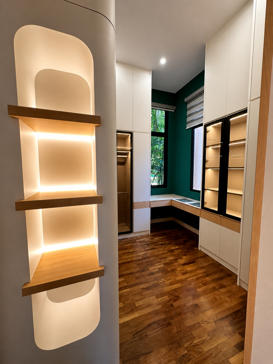 Bespoke oak feature shelving in a Tanglin residence